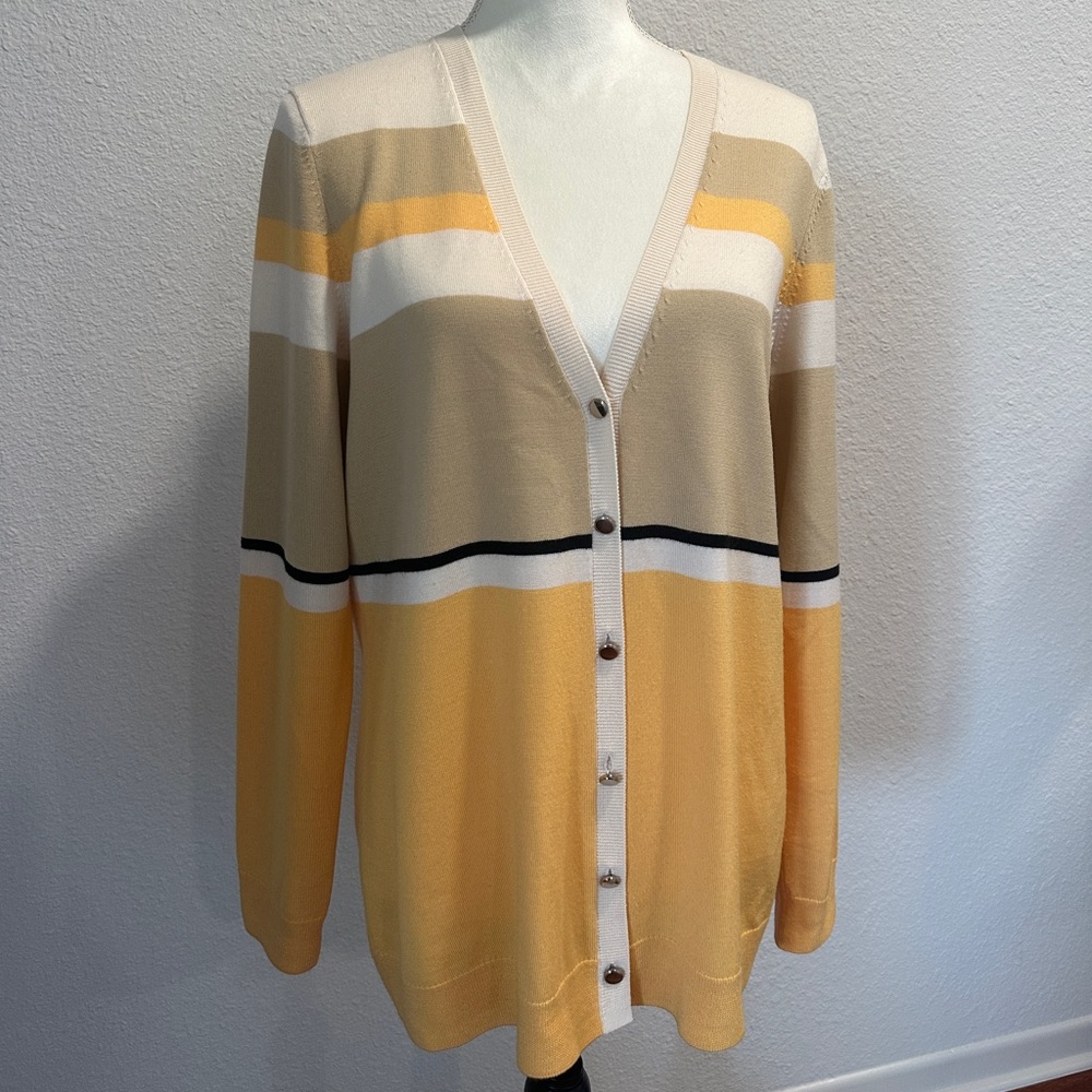 St. John Yellow, Cream & Black Striped V-Neck Cardigan